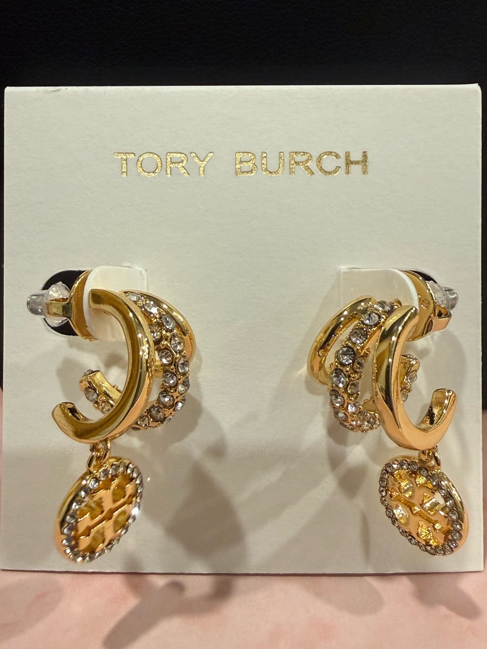 Tory Burch | Gold Plated & Pave Crystal Double Hoop Huggie Earrings | Small